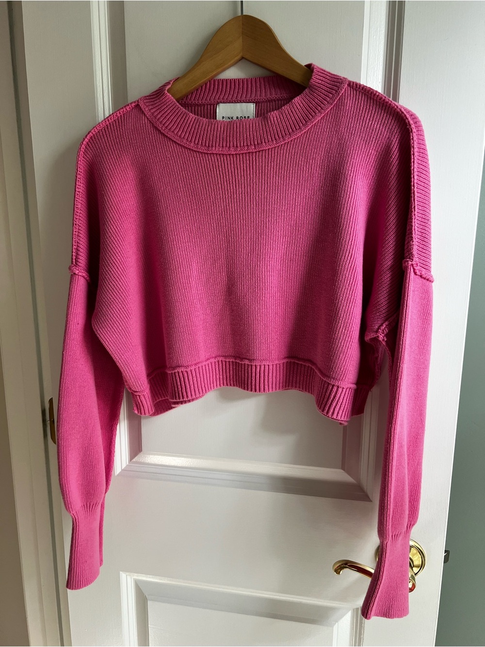 Pink Rose Easy Street Crop Ribbed Knit Pullover Sweater Hot Pink M